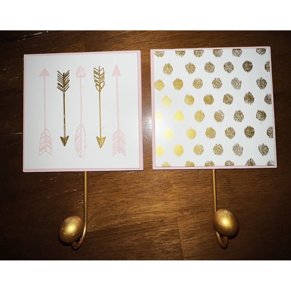 Boho Gold Pink Wall Hooks Set of 2 Arrow Polka Dot 6x6 Coquette Decor EUC